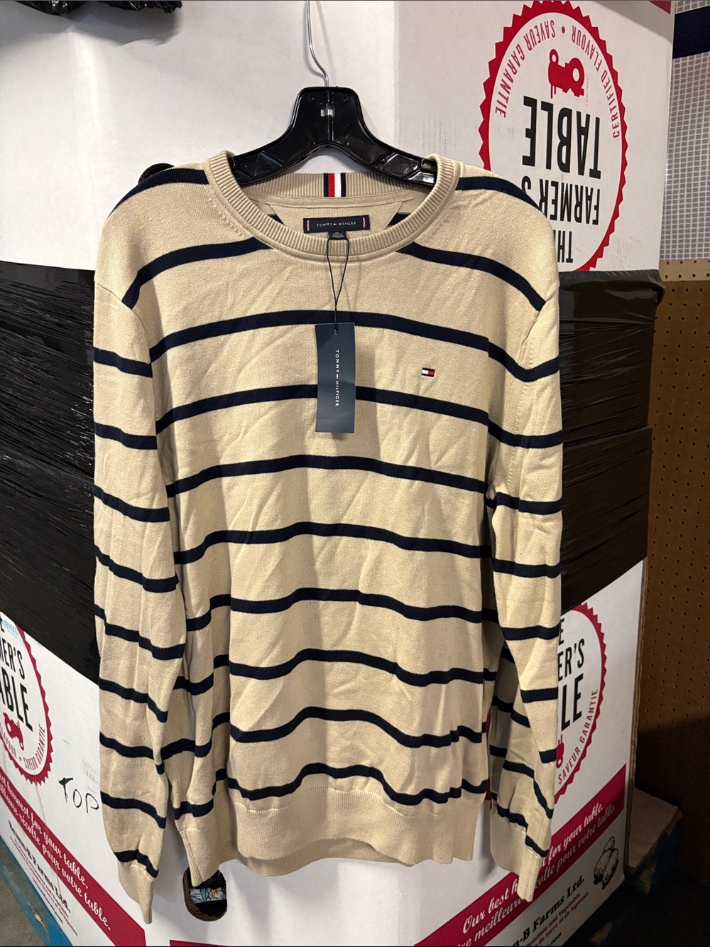 Tommy Hilfiger Beige and Black Striped Crewneck Sweater